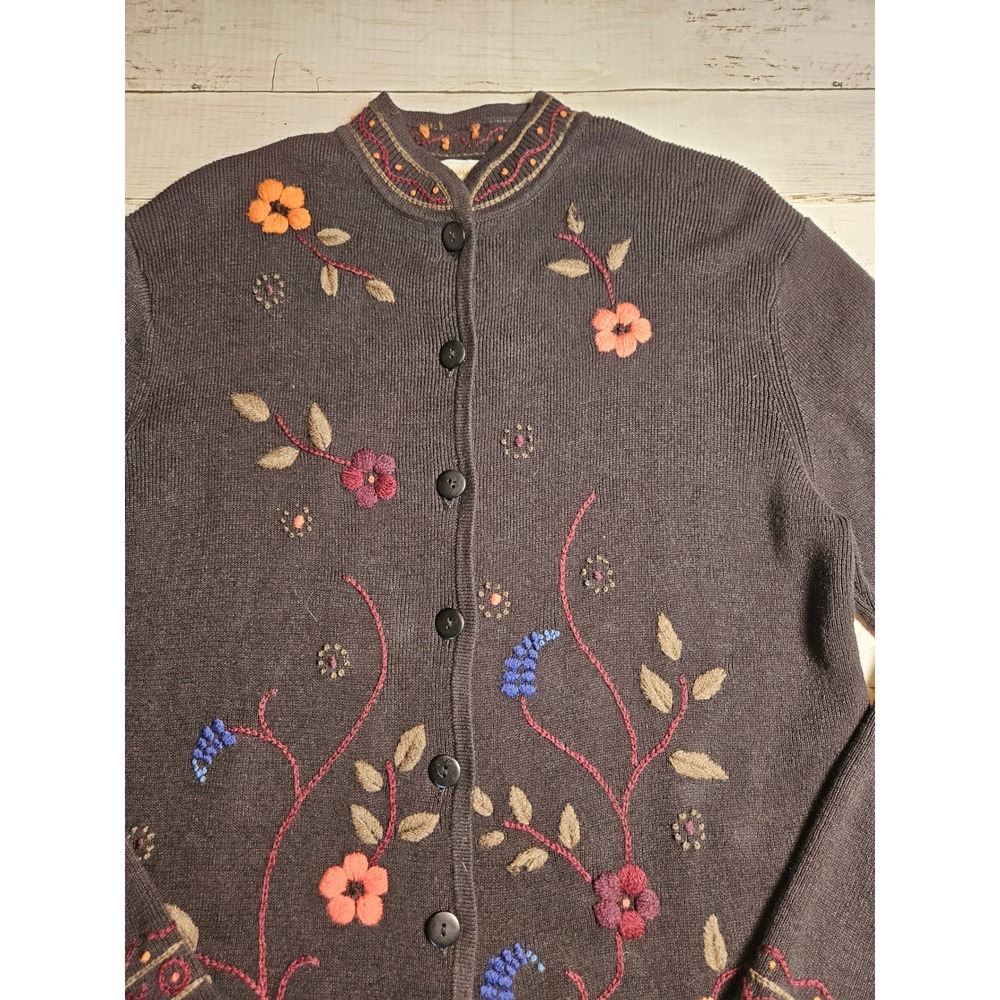 Coldwater Creek Floral Embroidered Cardigan Sweater Gray Ramie Cotton Womens M